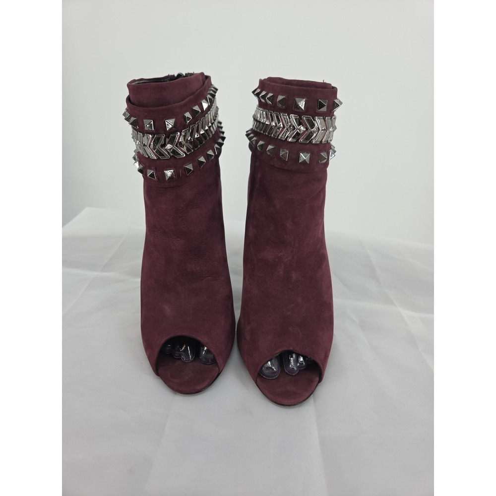 Schutz Studded Suede Booties 8.5B Burgundy Silver Peep-toe Ankle Made In USA